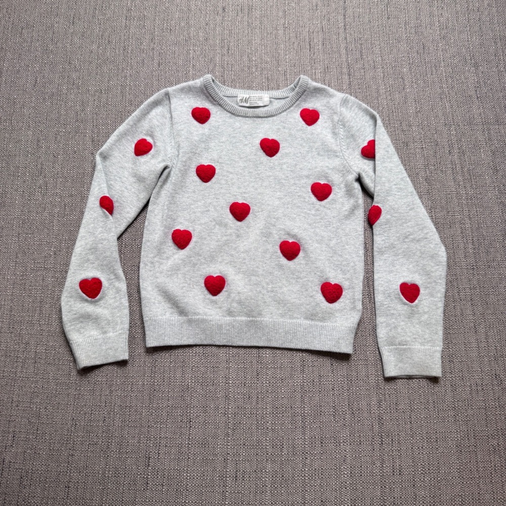 HM Kids Grey Knit Sweater Red 3D Textured Hearts Pullover Size 4-6Y
